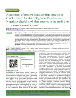 Of Present Status of Plant Species in E Macro Habitat of Ogbia in Bayelsa