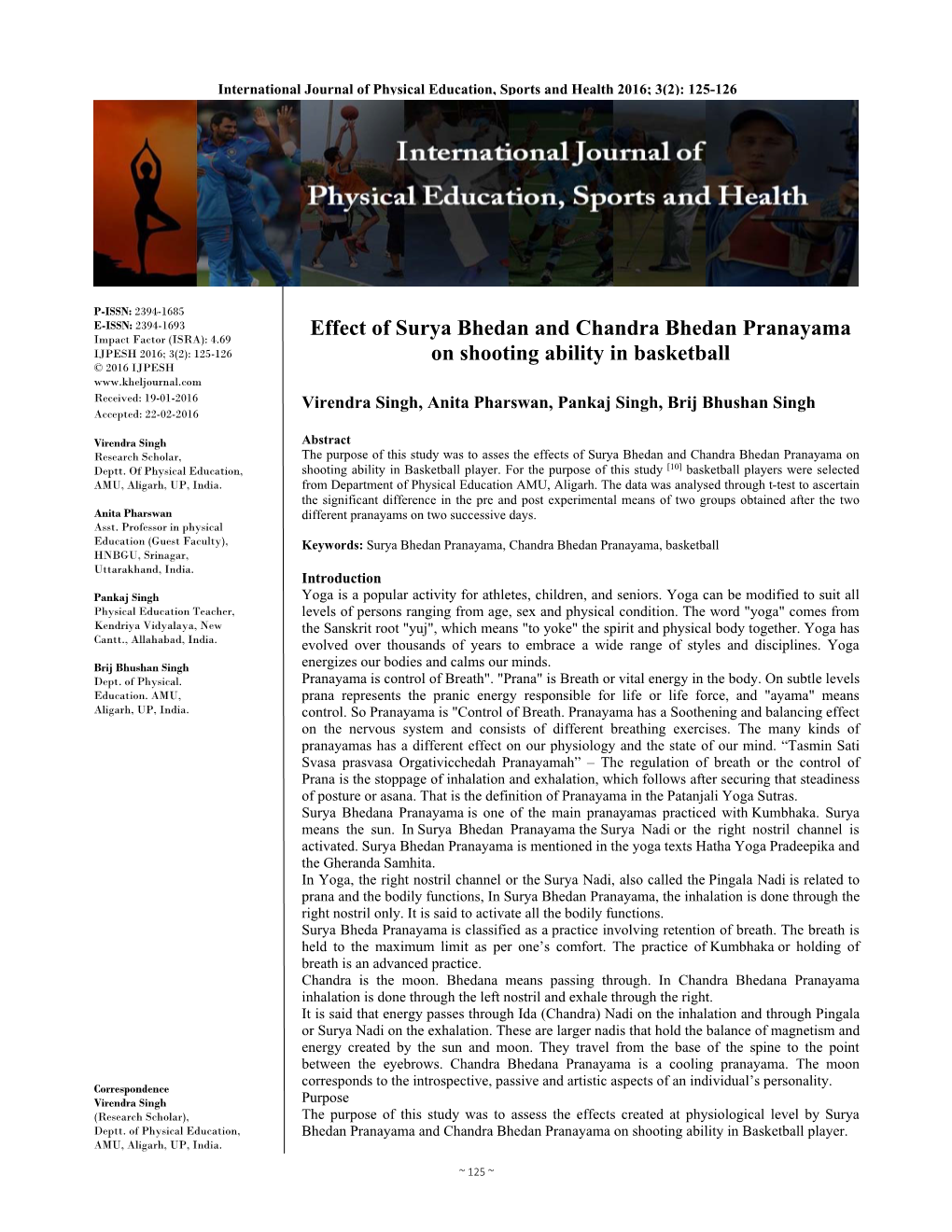 Effect of Surya Bhedan and Chandra Bhedan Pranayama on Shooting Ability in Basketball