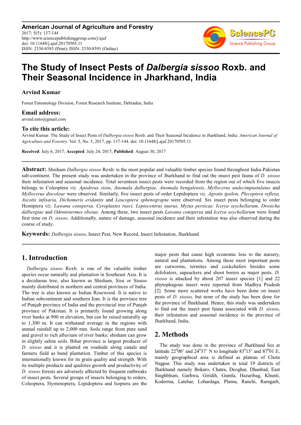 The Study of Insect Pests of Dalbergia Sissoo Roxb. and Their Seasonal Incidence in Jharkhand, India
