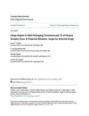 Hinge Region in DNA Packaging Terminase Pul15 of Herpes Simplex Virus: a Potential Allosteric Target for Antiviral Drugs