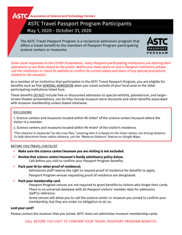 ASTC Travel Passport Program Participants May 1, 2020 - October 31, 2020