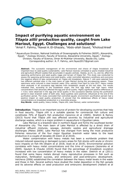 Impact of Purifying Aquatic Environment on Tilapia Zillii Production Quality, Caught from Lake Mariout, Egypt