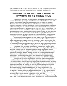 Discovery of the Lost Star Catalog of Hipparchus on the Farnese Atlas