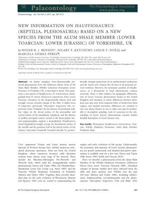 New Information on Hauffiosaurus (Reptilia, Plesiosauria) Based on a New Species from the Alum Shale Member (Lower Toarcian