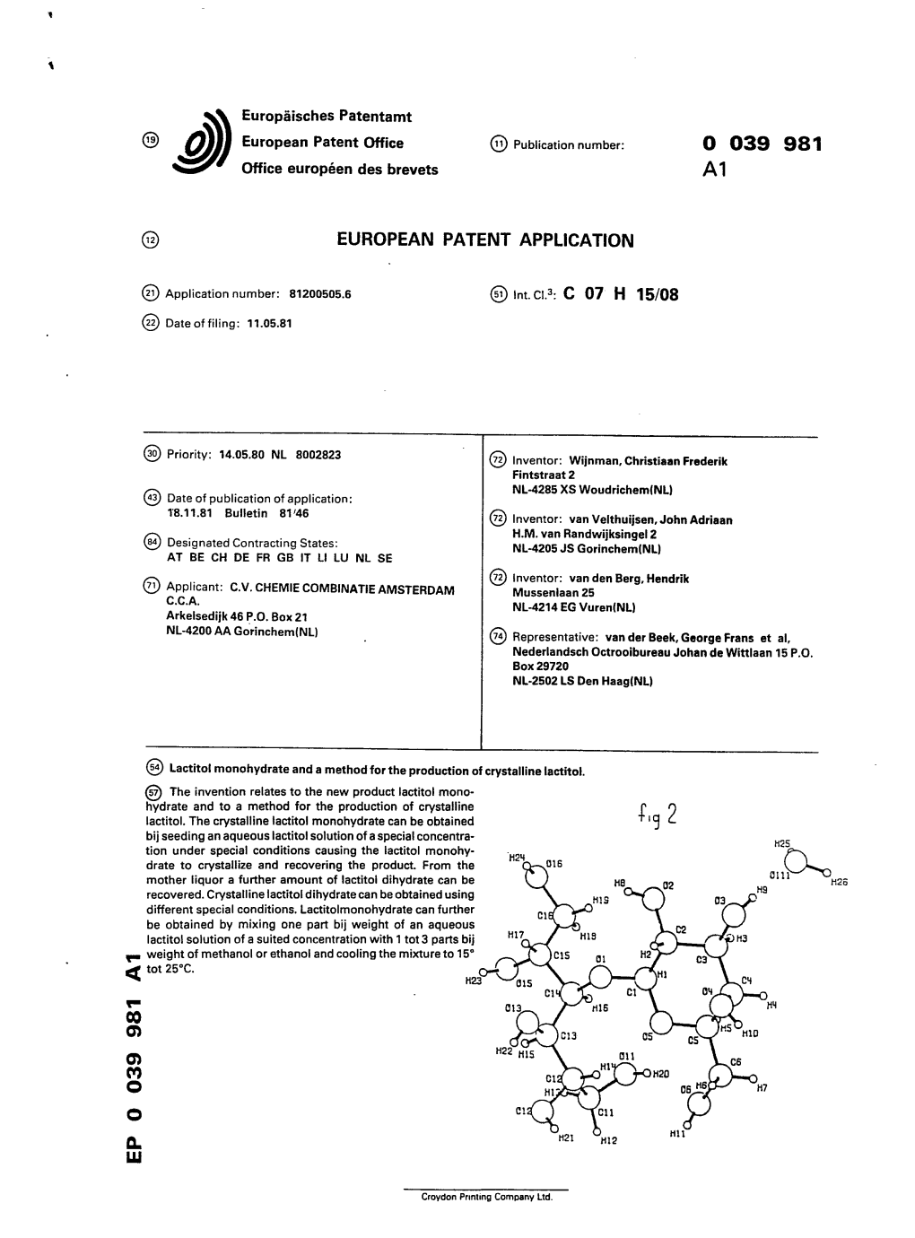 Lactitol Monohydrate and a Method for the Production of Crystalline Lactitol