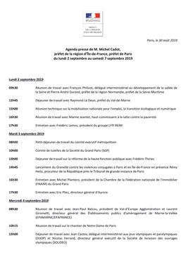 Agenda Presse De M. Michel Cadot, Préfet De La Région D'île-De-France