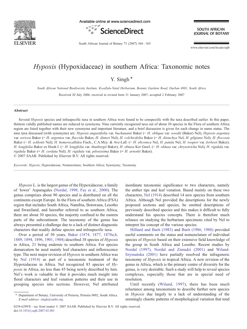 Hypoxis (Hypoxidaceae) in Southern Africa: Taxonomic Notes ⁎ Y