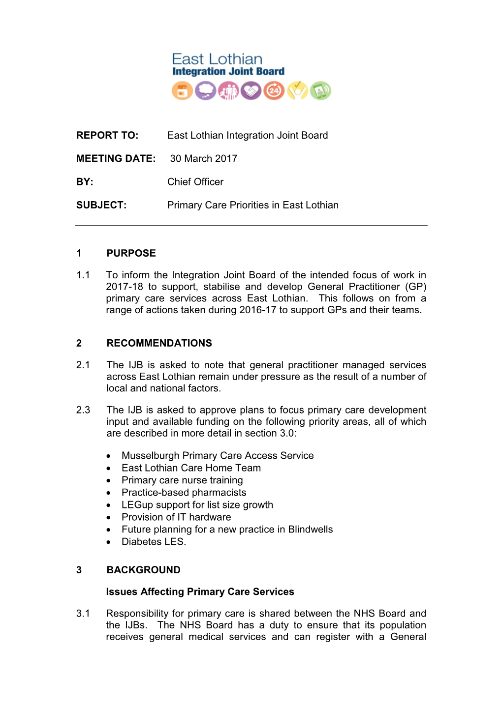 Primary Care Priorities in East Lothian