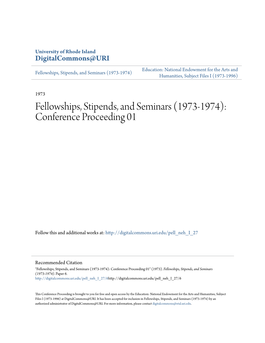 Fellowships, Stipends, and Seminars (1973-1974): Conference Proceeding 01
