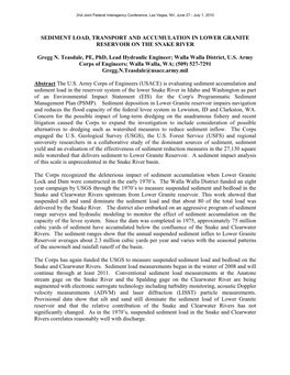 Sediment Load, Transport and Accumulation in Lower Granite Reservoir on the Snake River