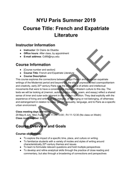 NYU Paris Summer 2019 Course Title: French and Expatriate Literature