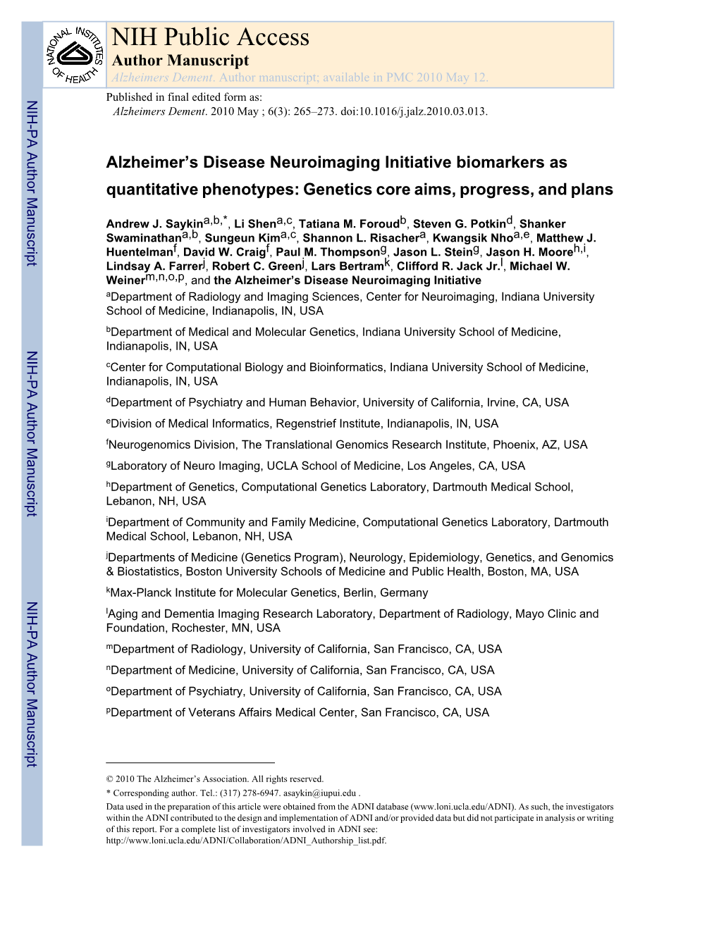 NIH Public Access Author Manuscript Alzheimers Dement