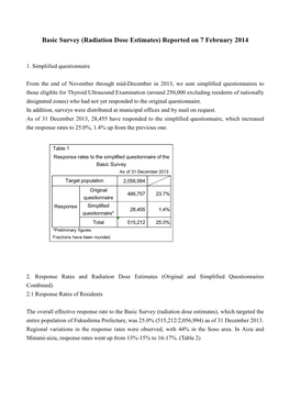 Basic Survey (Radiation Dose Estimates) Reported on 7 February 2014