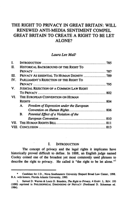 The Right to Privacy in Great Britain: Will Renewed Anti-Media Sentiment Compel Great Britain to Create a Right to Be Let Alone?
