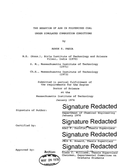 Signature Redacted Signature of Author: Department of Chemical Engineering January 1976 Signature Redacted Certified By: Adel F