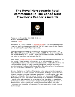 The Royal Horseguards Hotel Commended in the Condé Nast Traveler's Reader's Awards