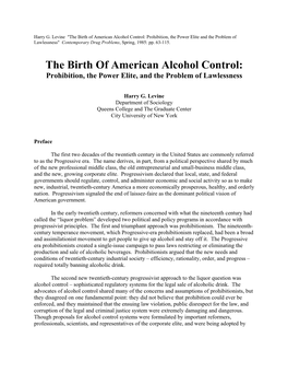 The Birth of American Alcohol Control: Prohibition, the Power Elite, and the Problem of Lawlessness