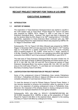 Recast Project Report for Tawa-Iii U/G Mine Executive Summary