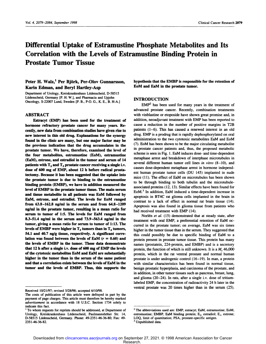 Differential Uptake of Estramustine Phosphate Metabolites and Its Correlation with the Levels of Estramustine Binding Protein in Prostate Tumor Tissue