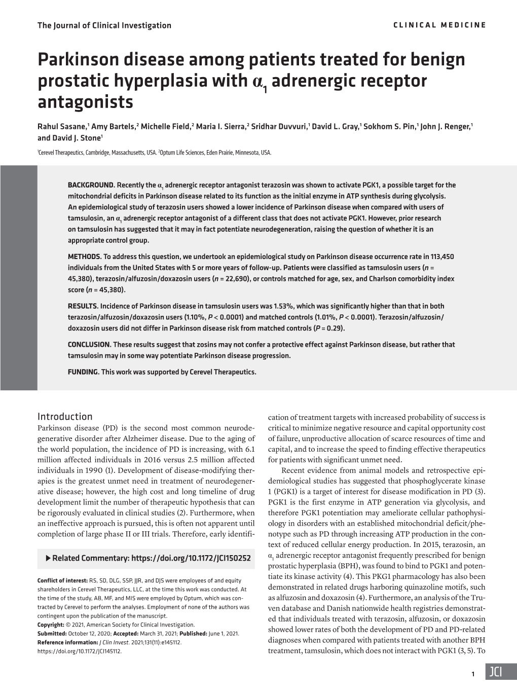 Parkinson Disease Among Patients Treated for Benign Prostatic Hyperplasia with Α1 Adrenergic Receptor Antagonists