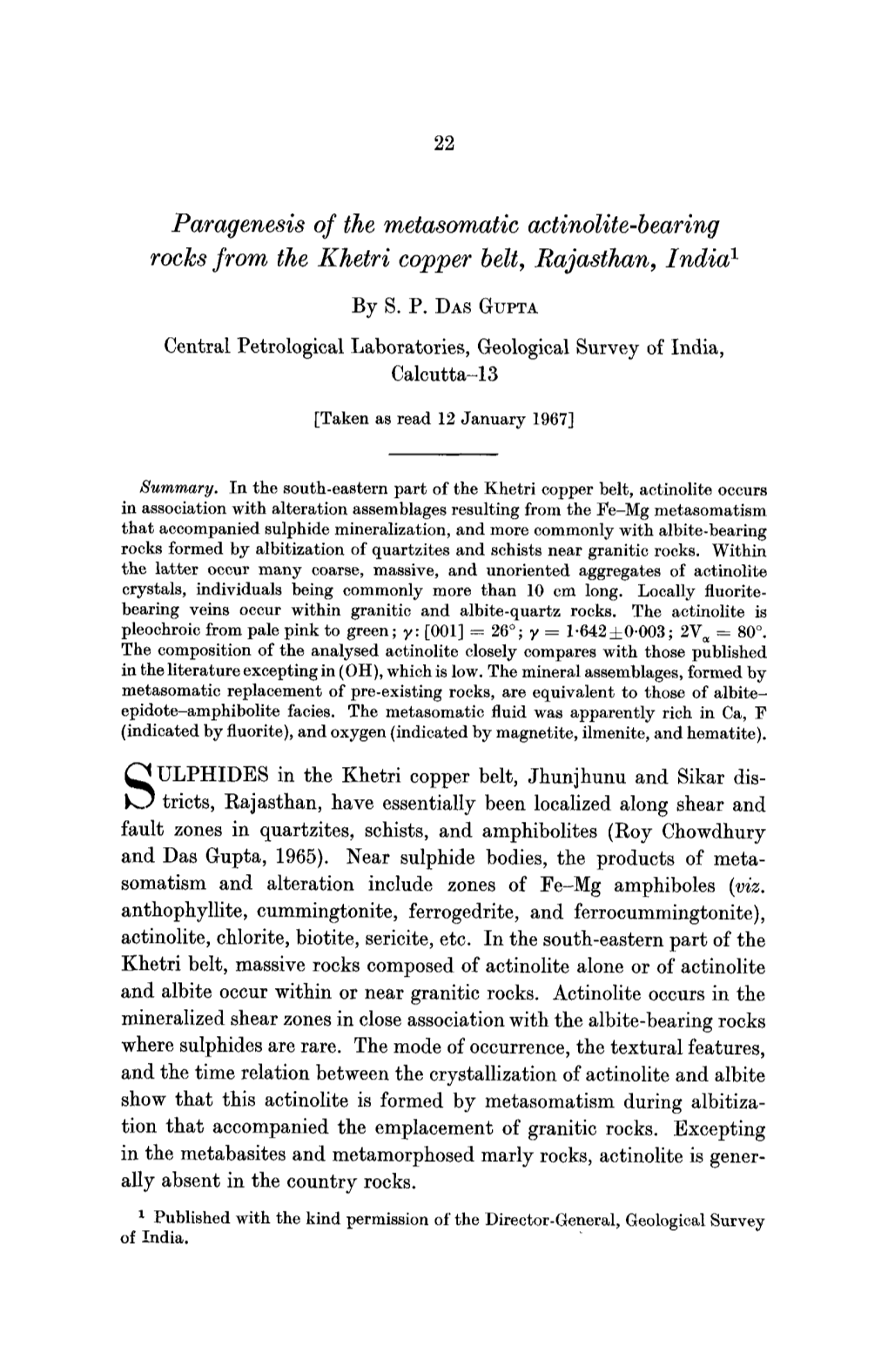 Paragenesis of the Metasomatic Actinolite-Bearing Rocks from the Khetri Copper Belt, Rajasthan, India 1