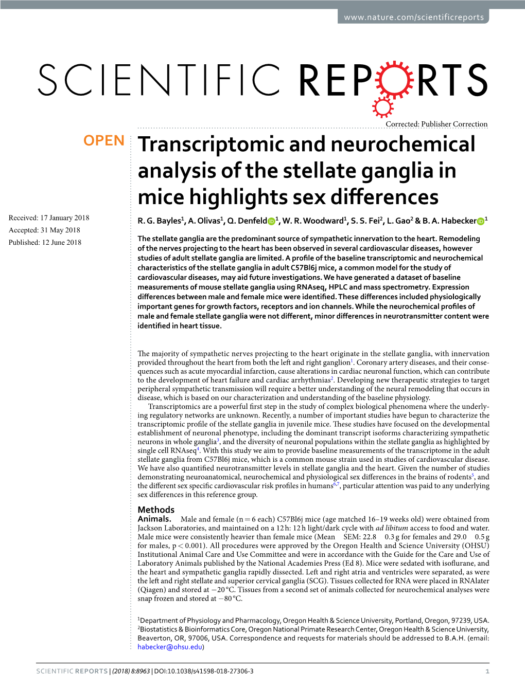 Transcriptomic and Neurochemical Analysis of the Stellate Ganglia in Mice Highlights Sex Diferences Received: 17 January 2018 R