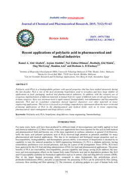 Recent Applications of Polylactic Acid in Pharmaceutical and Medical Industries