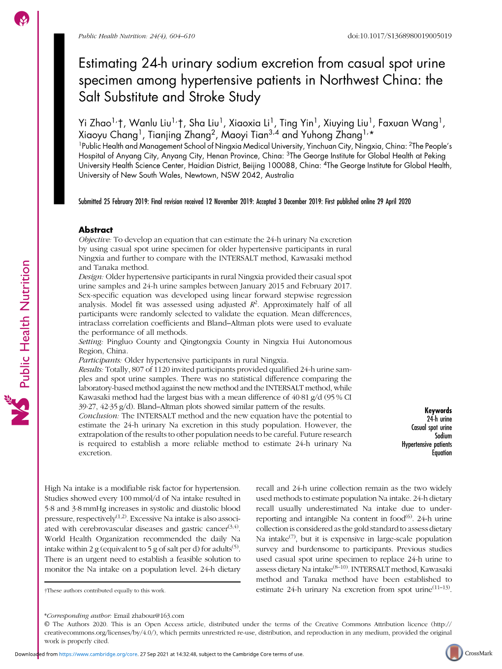 Estimating 24-H Urinary Sodium Excretion from Casual Spot Urine Specimen Among Hypertensive Patients in Northwest China: the Salt Substitute and Stroke Study