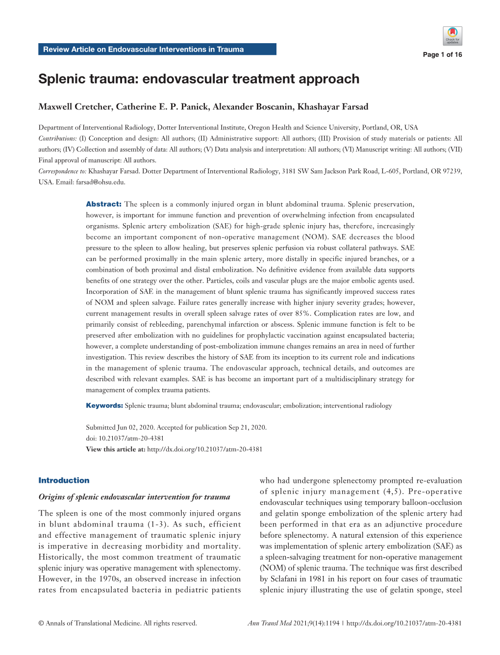 Splenic Trauma: Endovascular Treatment Approach