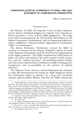 Upholding Judicial Supremacy in India: the Njac Judgment in Comparative Perspective