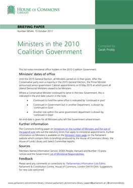 Ministers in the 2010 Coalition Government