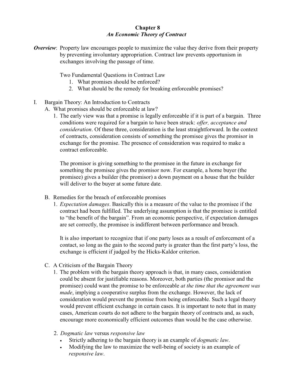 Chapter 8 an Economic Theory of Contract Overview