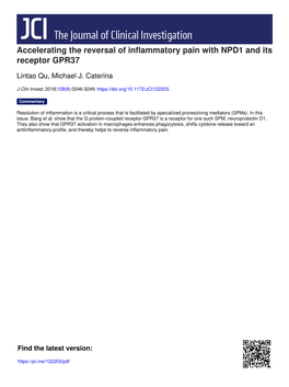 Accelerating the Reversal of Inflammatory Pain with NPD1 and Its Receptor GPR37