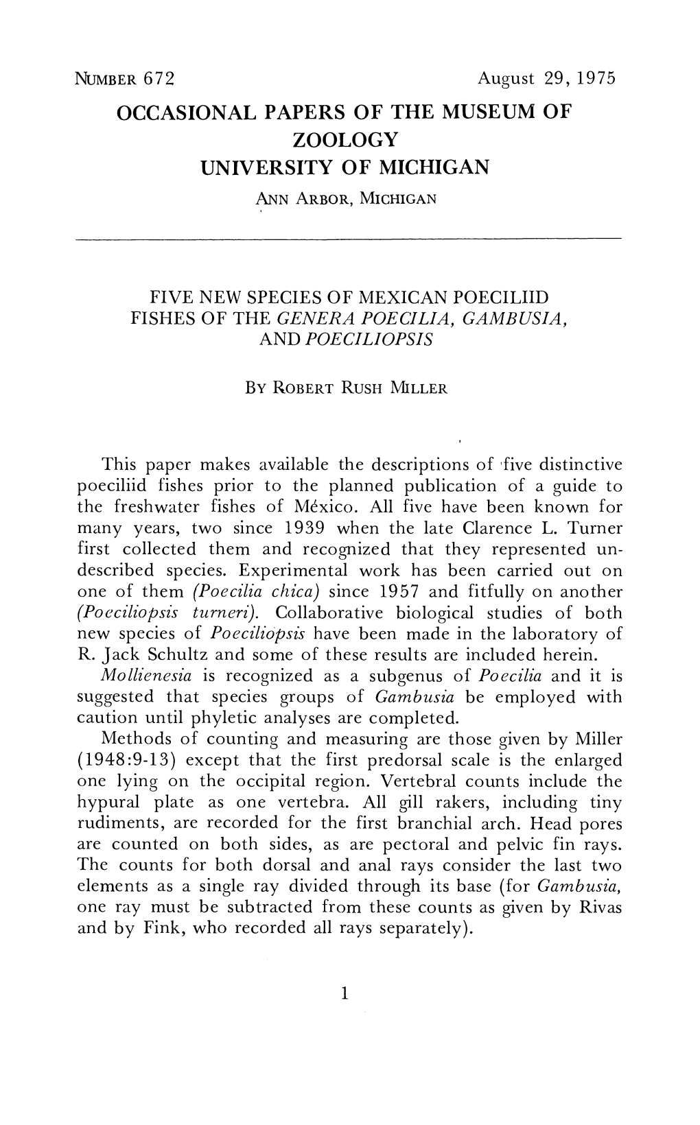 NUMBER672 August 29, 1975 OCCASIONAL PAPERS of the MUSEUM of ZOOLOGY UNIVERSITY of MICHIGAN ANN ARBOR,MICHIGAN