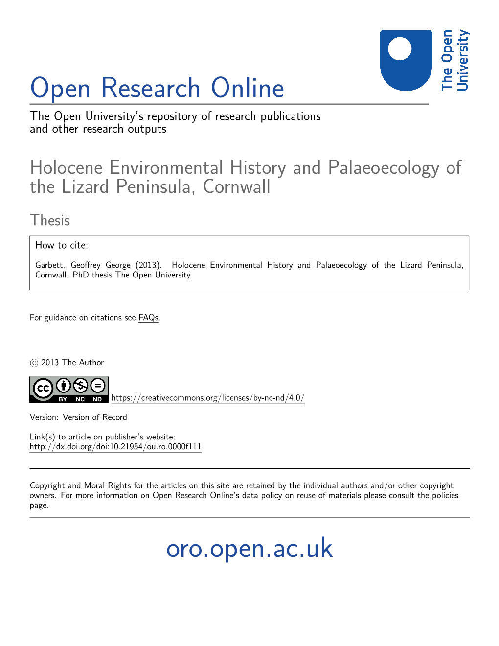 Holocene Environmental History and Palaeoecology of the Lizard Peninsula, Cornwall Thesis