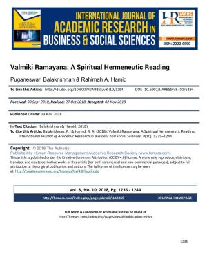 Valmiki Ramayana: a Spiritual Hermeneutic Reading