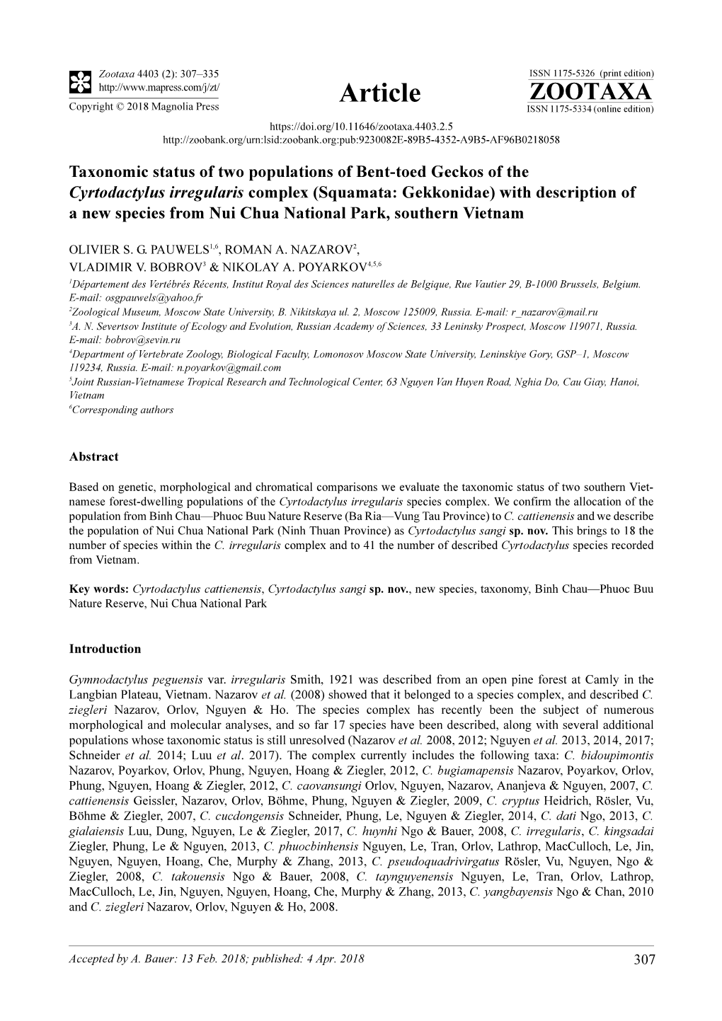 Taxonomic Status of Two Populations of Bent-Toed Geckos of The