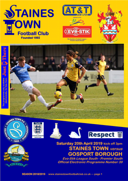 STAINES TOWN Versus GOSPORT BOROUGH Evo-Stik League South - Premier South Official Electronic Programme Number 39