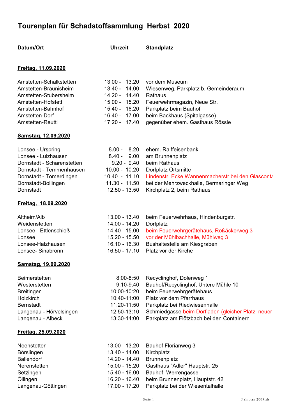 Tourenplan Für Schadstoffsammlung Herbst 2020