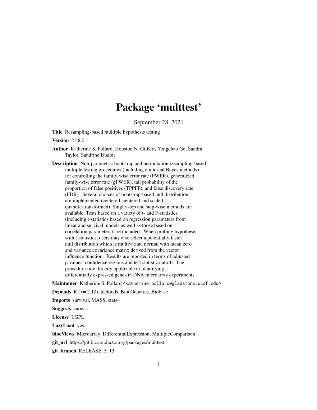 Multtest: Resampling-Based Multiple Hypothesis Testing