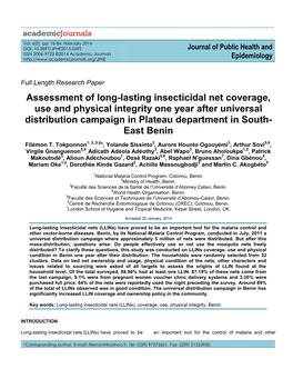 Assessment of Long-Lasting Insecticidal Net Coverage, Use And