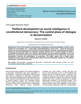 Political Development As Social Intelligence in Constitutional Democracy: the Central Place of Dialogue in Decolonization