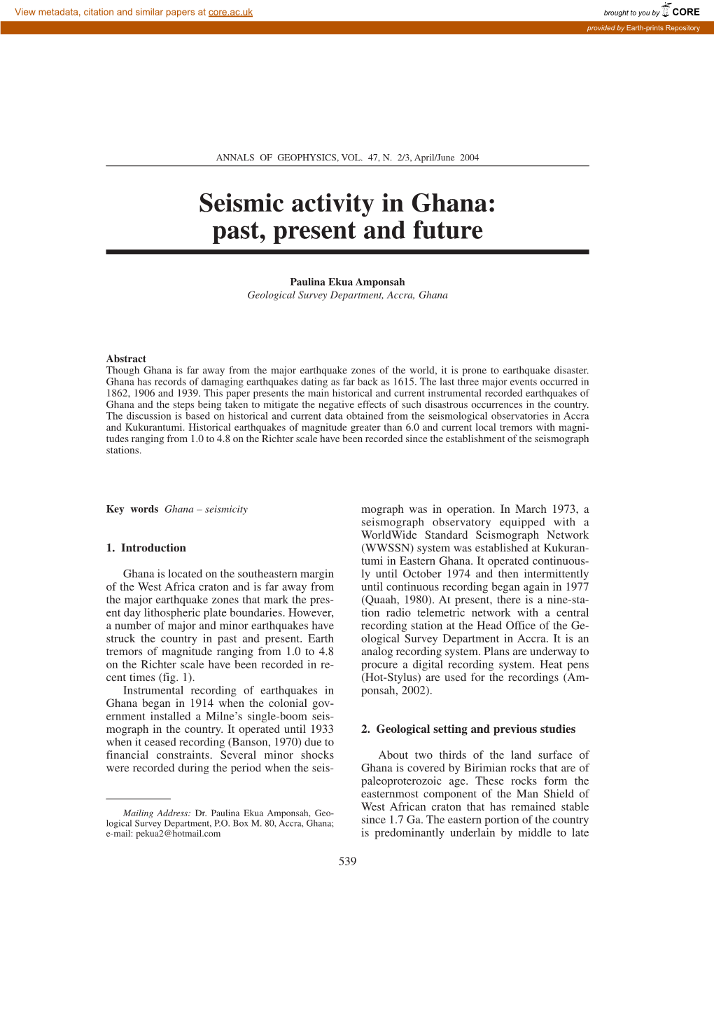 Seismic Activity in Ghana: Past, Present and Future