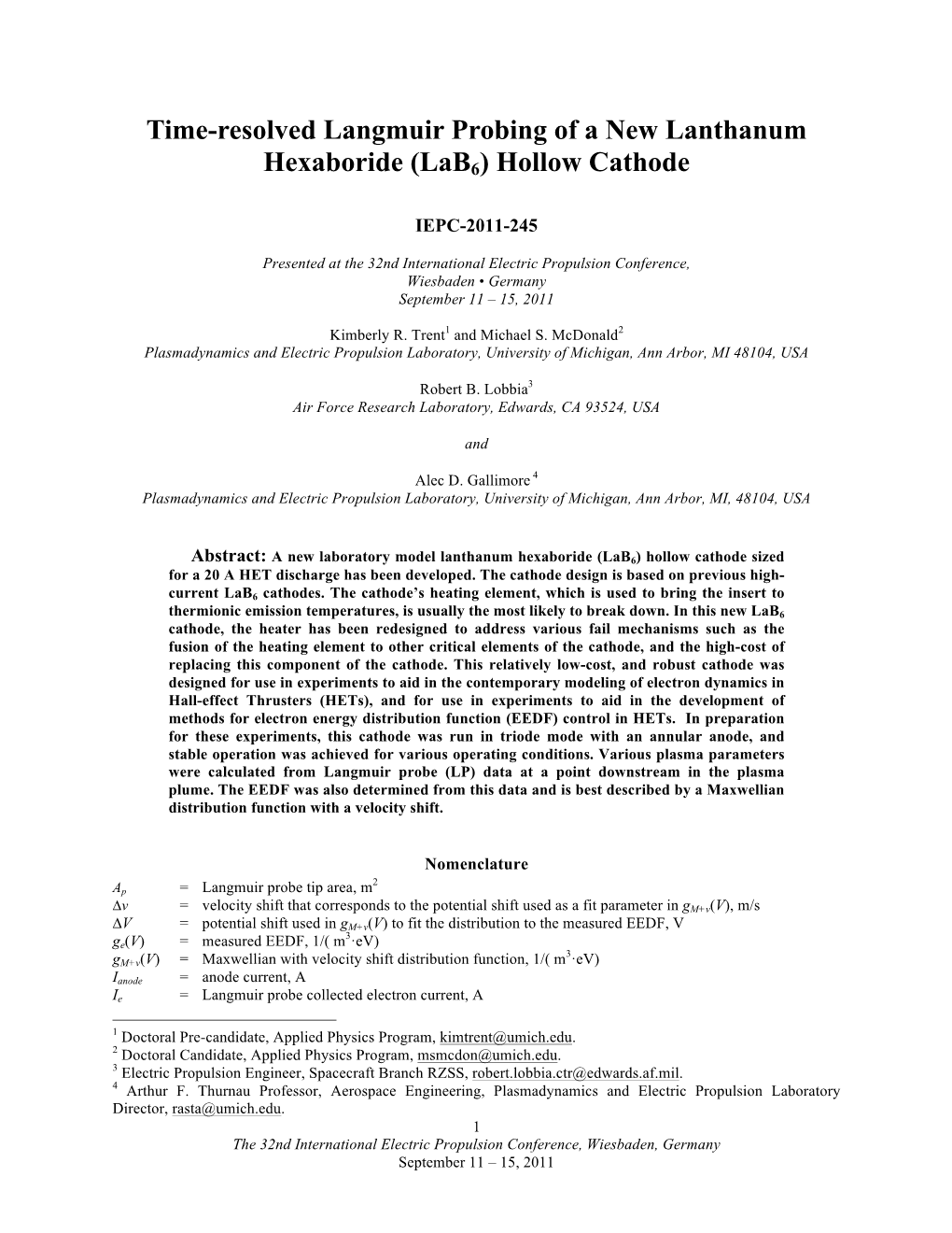 Time-Resolved Langmuir Probing of a New Lanthanum Hexaboride (Lab6) Hollow Cathode