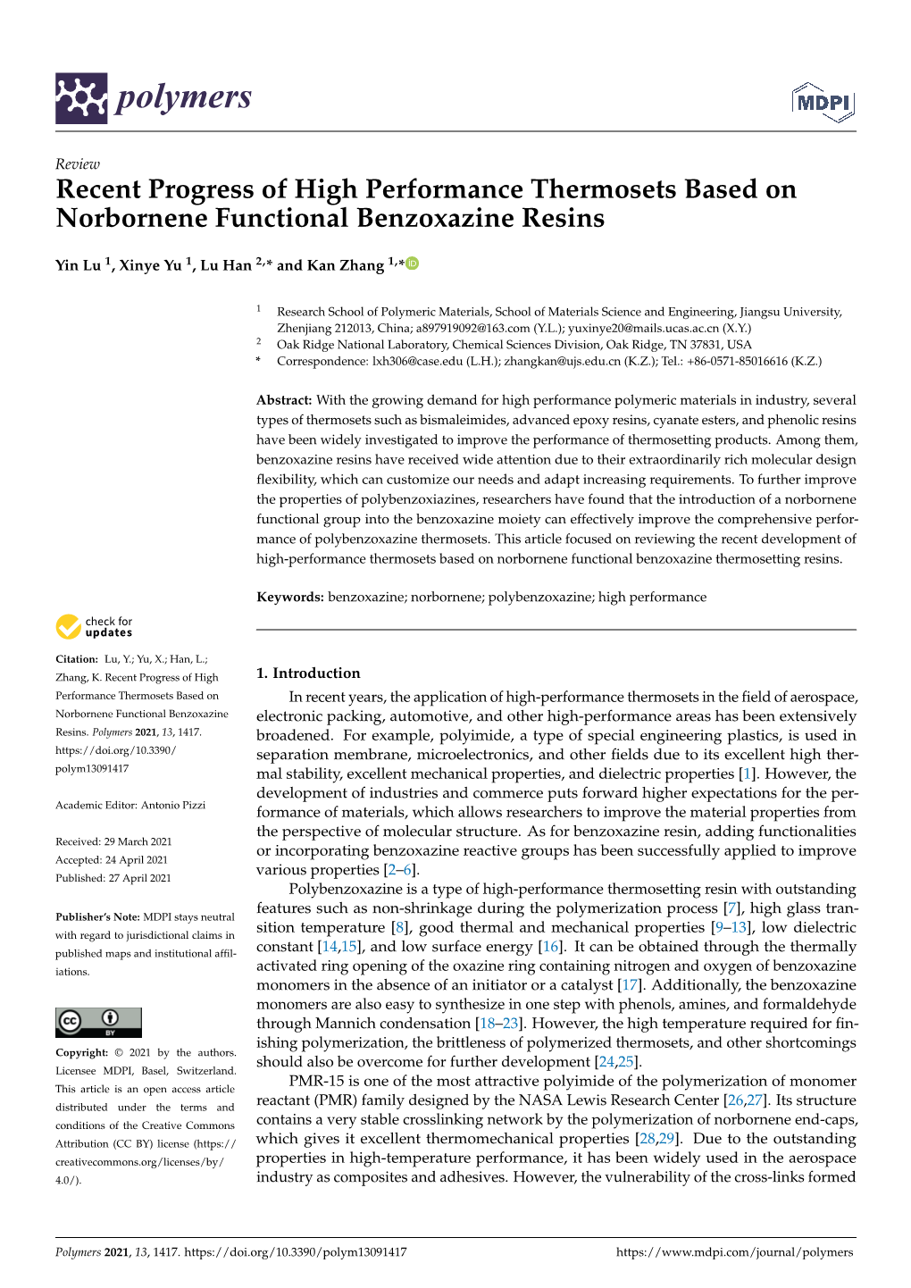 Recent Progress of High Performance Thermosets Based on Norbornene Functional Benzoxazine Resins