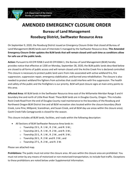 AMENDED EMERGENCY CLOSURE ORDER Bureau of Land Management Roseburg District, Swiftwater Resource Area
