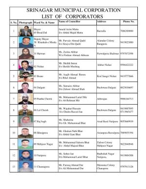 Srinagar Municipal Corporation List of Corporators S