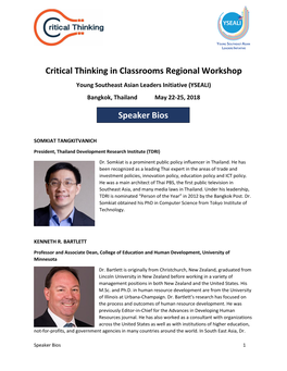 Critical Thinking in Classrooms Regional Workshop Speaker Bios