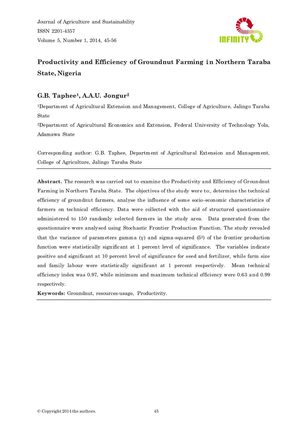 Productivity and Efficiency of Groundnut Farming in Northern Taraba State, Nigeria