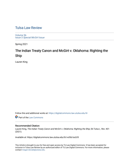 The Indian Treaty Canon and Mcgirt V. Oklahoma: Righting the Ship